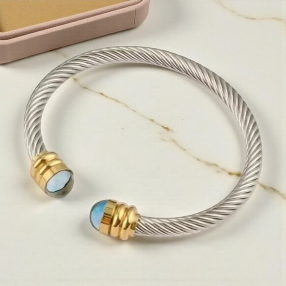 🆕Minimalist Rope Cuff Bangle 18K Gold Plated Stainless Steel Blue Crystals - Picture 6 of 8
